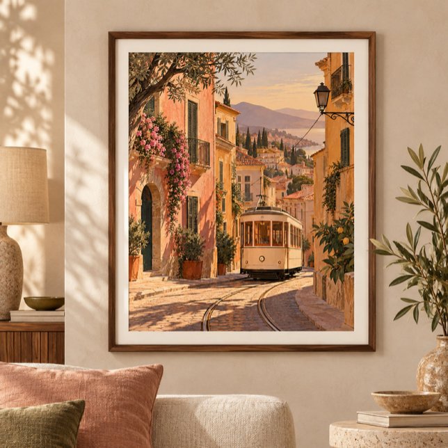 Impressão de arte do bonde pelo Quarto Ocre (Styled display of Tram through the Ochre Quarter Art Print. Frame, mat and furnishings shown for illustration; select framing options separately.)