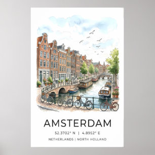 Impressão de Arte do Canal de Amsterdã Aquarela Ca