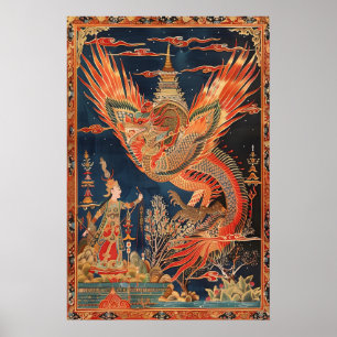Impressão de Arte do Dragão e Fênix Tailandesa Tra