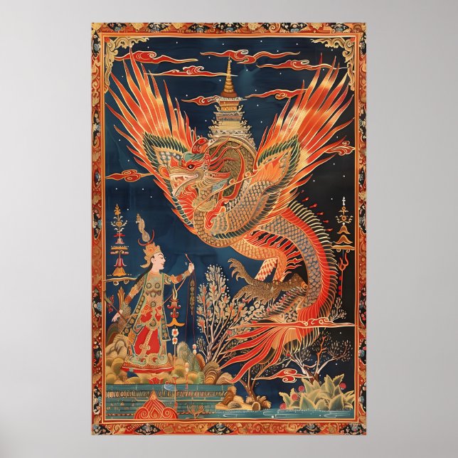 Impressão de Arte do Dragão e Fênix Tailandesa Tra (Frente)