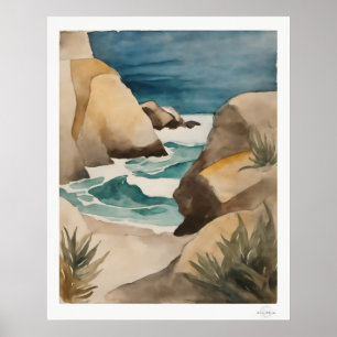 Impressão de Arte em Aquarela da Enseada Rochosa,