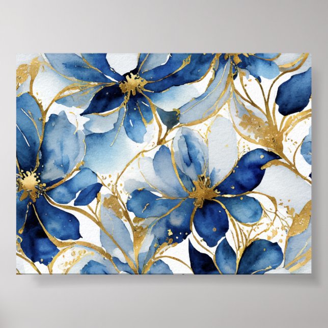 Impressão de Arte Floral Azul com Destaques Dourad (Frente)