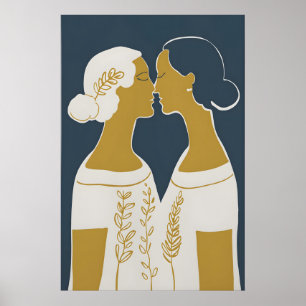 Impressão de Arte Linear LGBTQ Duas Mulheres Beija