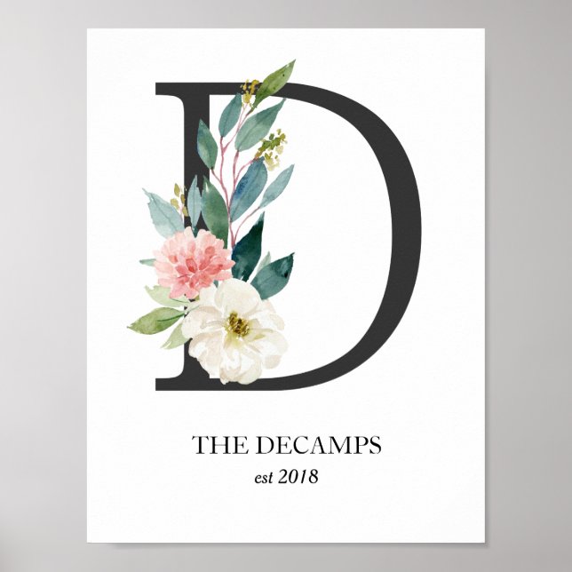 Impressão de Arte Monograma, Letra D, Casamento, B (Frente)