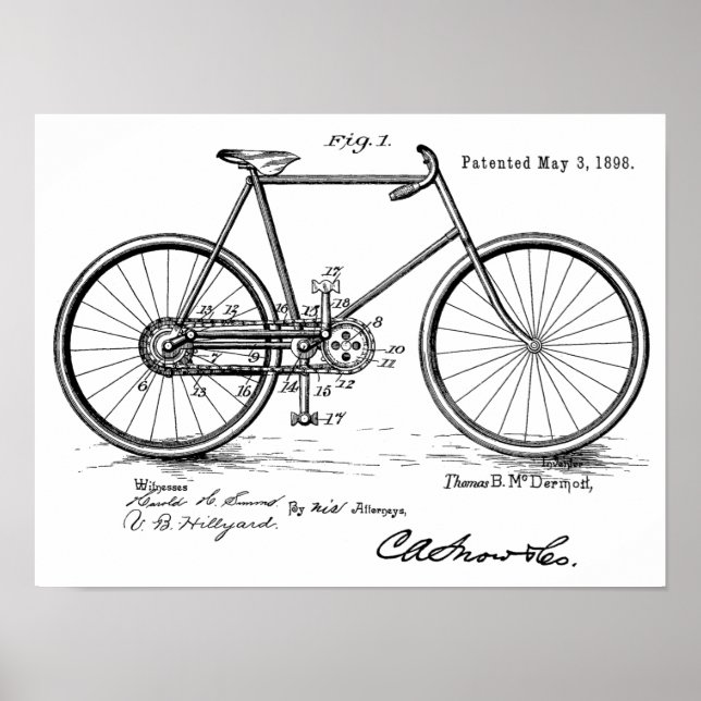 impressão de arte patenteada da bicicleta de 1898 (Frente)