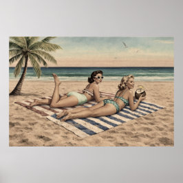 Impressão de Arte Pinup de Praia Vintage | Garotas