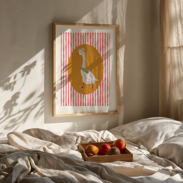 Impressão de Artes Vermelhas com Stripe Vermelha d (Framed Funny Silly Goose watercolor nursery print on wall above bed with fruit tray.)
