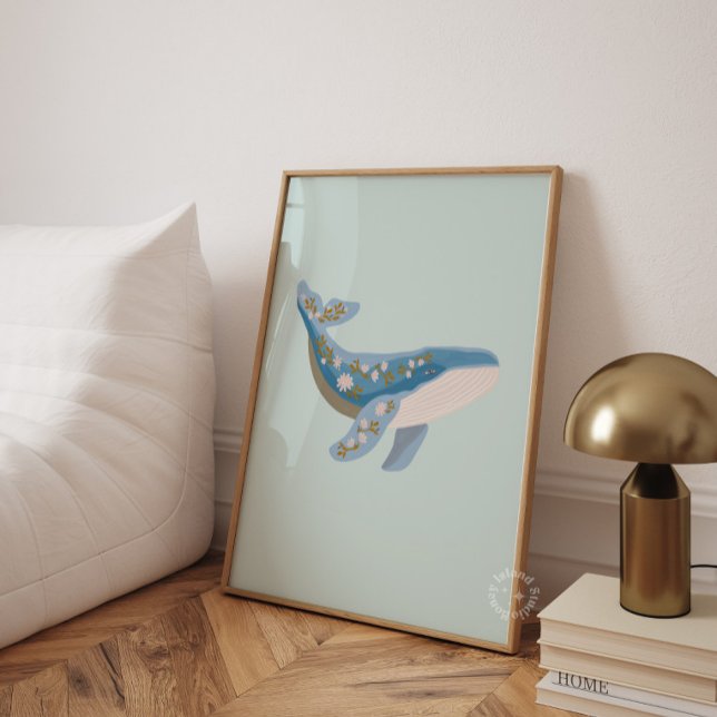 Impressão de Berçário de Baleia Floral | Bebê Ocea (Floral Whale Nursery Print | Coastal Ocean Baby)