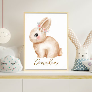 Impressão de Berçário de Coelho em Aquarela Floral