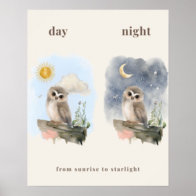 Impressão de Berçário de Coruja Dia e Noite (Frente)