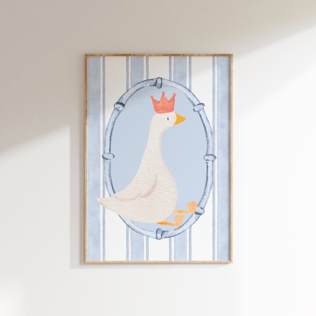 Impressão de Berçário de Ganso Bobo em Aquarela Az (A white goose wearing a red crown on a blue and white striped background in a gold frame.)