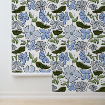 Impressão de Bloco Floral Desenhado à Mão Azul e V