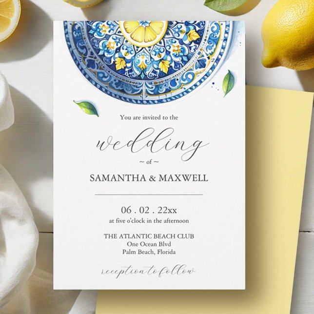 Impressão de Convites de Casamento Azuis e Amarelo (Blue and yellow wedding invitation party of a stationery suite.)