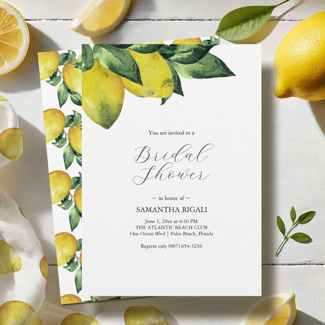 Impressão de Convites de Chá de Noiva com Tema de  (Lemon themed bridal shower invitations designed by Victoria Grigaliunas watercolor artist.)