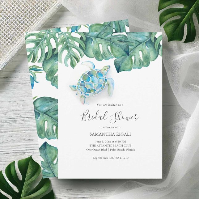Impressão de Convites de chá de panela Tropicais (Tropical bridal shower invitations printing with watercolor sea turtle and monstera leaves)