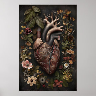 Impressão de Coração Anatômico e Flores, Dark Acad