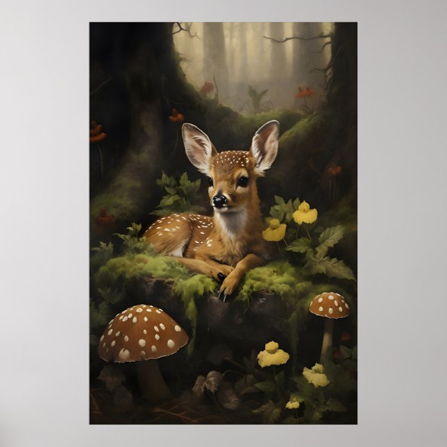 Impressão de Corça, Cervo Bebê em Floresta Verde E (Frente)