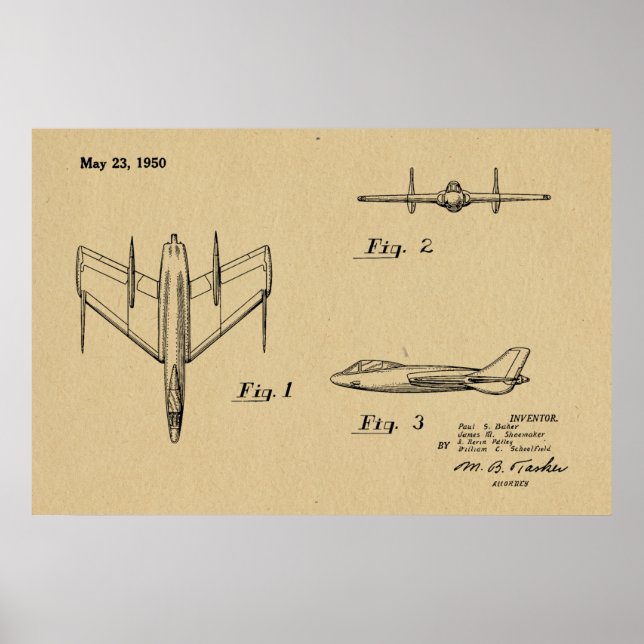 impressão de desenho de patente de avião de 1950 (Frente)