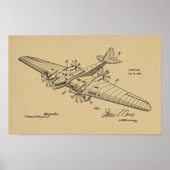 impressão de desenho de patente do avião de 1930 p (Frente)