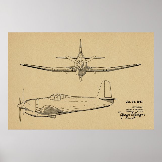 impressão de desenho de patente do avião de 1947 (Frente)