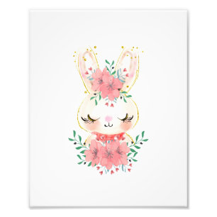 Impressão de foto de coelho em aquarela com flores
