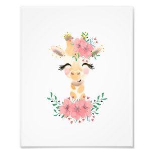 Impressão de foto de girafa em aquarela com florai