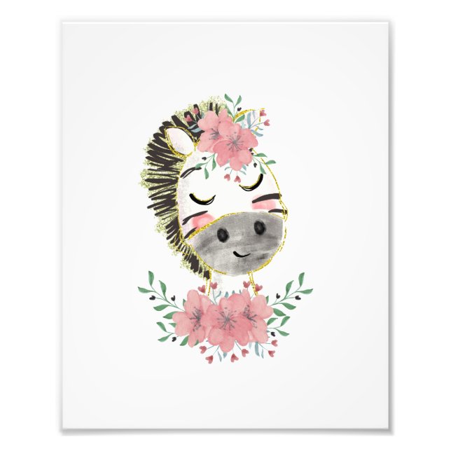 Impressão de foto de zebra em aquarela com florais (Frente)