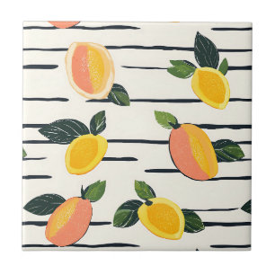 Impressão de Fruta Manga Coral Amarelo em Listras