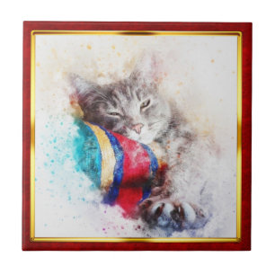 Impressão de Gato Abstrato em Moldura Vermelha e D
