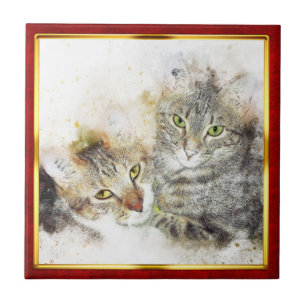 Impressão de Gato Abstrato em Moldura Vermelha e D