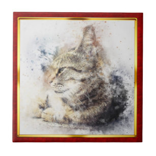 Impressão de Gato Abstrato em Moldura Vermelha e D