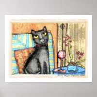 Impressão de Gato Negro, Vinho e Flores de Bela Ar