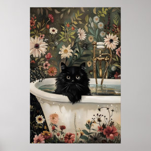 Impressão de gato preto floral para banheiro, flor
