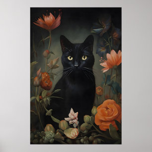 Impressão de Gato Preto Floral, Poster de Gato Ama