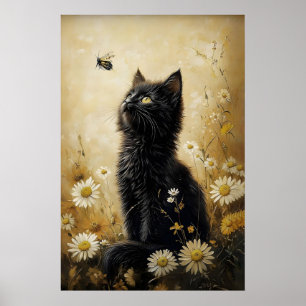 Impressão de gato preto florido, pôster vintage de