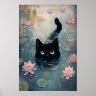 Impressão de gato preto lírio de água, gato na águ