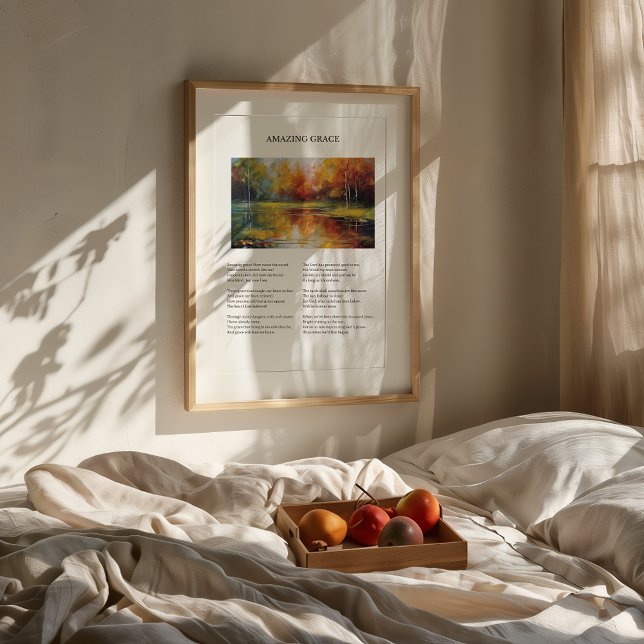 Impressão de Hymn da Grace Vintage (Framed "Amazing Grace" hymn wall art with autumn lake painting, styled in cozy, minimalist room.)