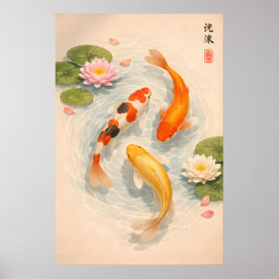 Impressão de Lagoa de Peixes Koi Japoneses, Lírio