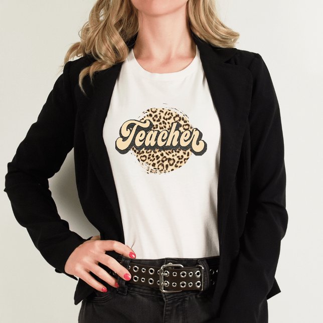 Impressão de Leopardo Retro I Professora Fofa (Retro Leopard Teacher T-Shirt)