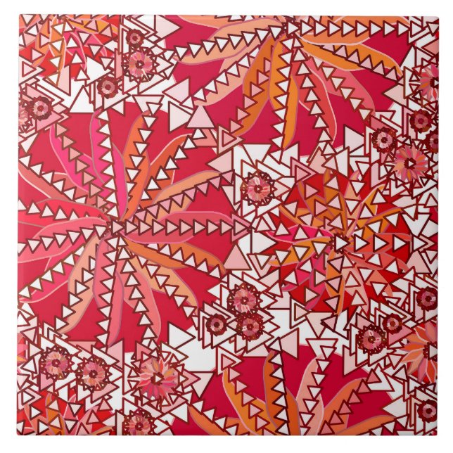 Impressão de Mandala Tribal, Vermelho Coral e Bran (Frente)
