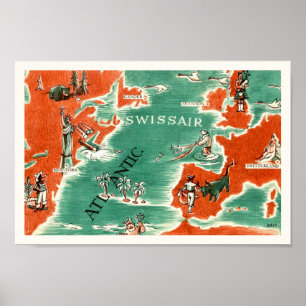 Impressão de Mapa Ilustrado da Swissair 8x12