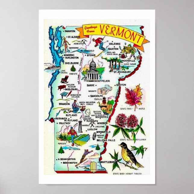 Impressão de Mapa Vintage Vermont (Frente)