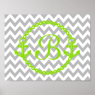 Impressão de Monograma de Âncora Verde Chevron