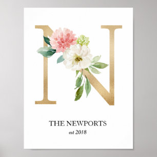 Impressão de Monograma, Letra Floral N, Casamento,