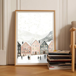 Impressão de Natal Escandinavo Ilustração Noruega 