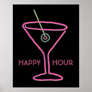 Impressão de néon retro do poster do happy hour 