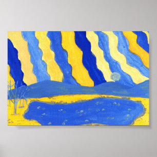 Impressão de Paisagem Minimalista Azul e Amarelo