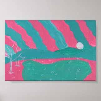 Impressão de Paisagem Verde e Rosa Minimalista