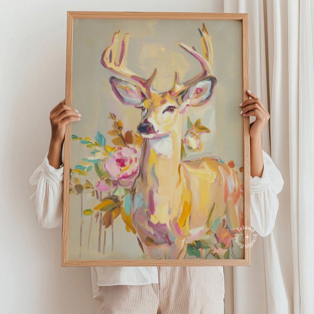 Impressão de parede de cervo pintando floral em pa (Modern Abstract Deer Painting Floral pastel Print)
