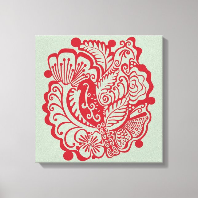 Impressão de Pássaros no Jardim (Vermelho no Sábio (Frente)